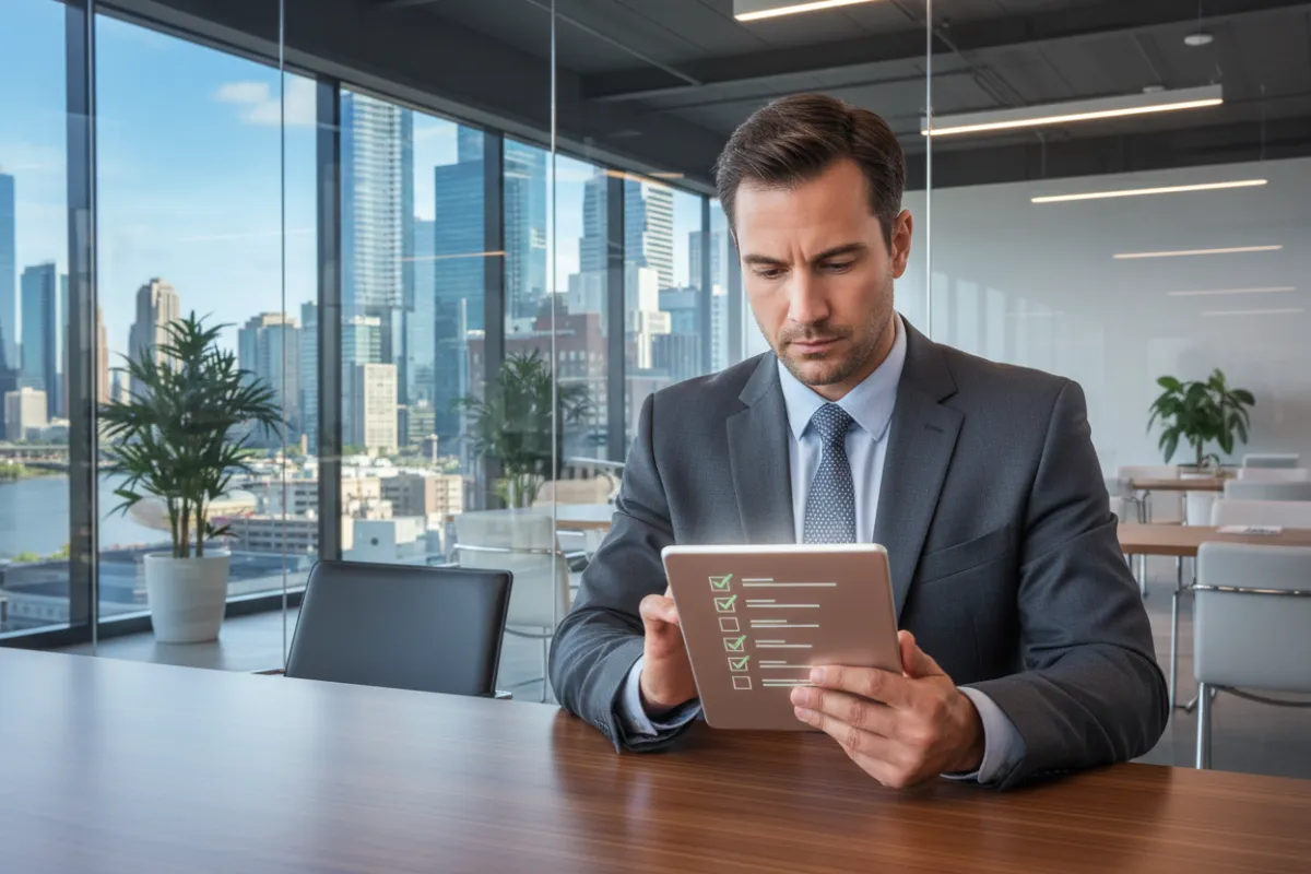 Compliance officer reviewing a checklist on a digital tablet in a modern office.