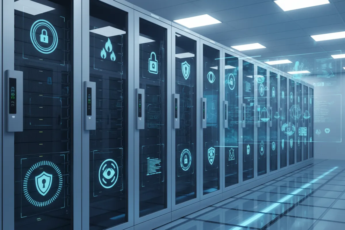 A secure server room with blue ambient lighting that conveys advanced data protection and privacy compliance.