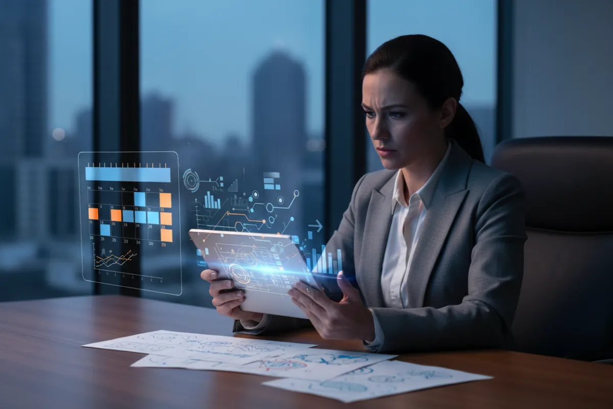 A business client reviewing campaign guidelines on a tablet in a private office, surrounded by notes and a digital calendar. The individual is focused and professional, representing active participation and responsibility in a digital marketing partnership.