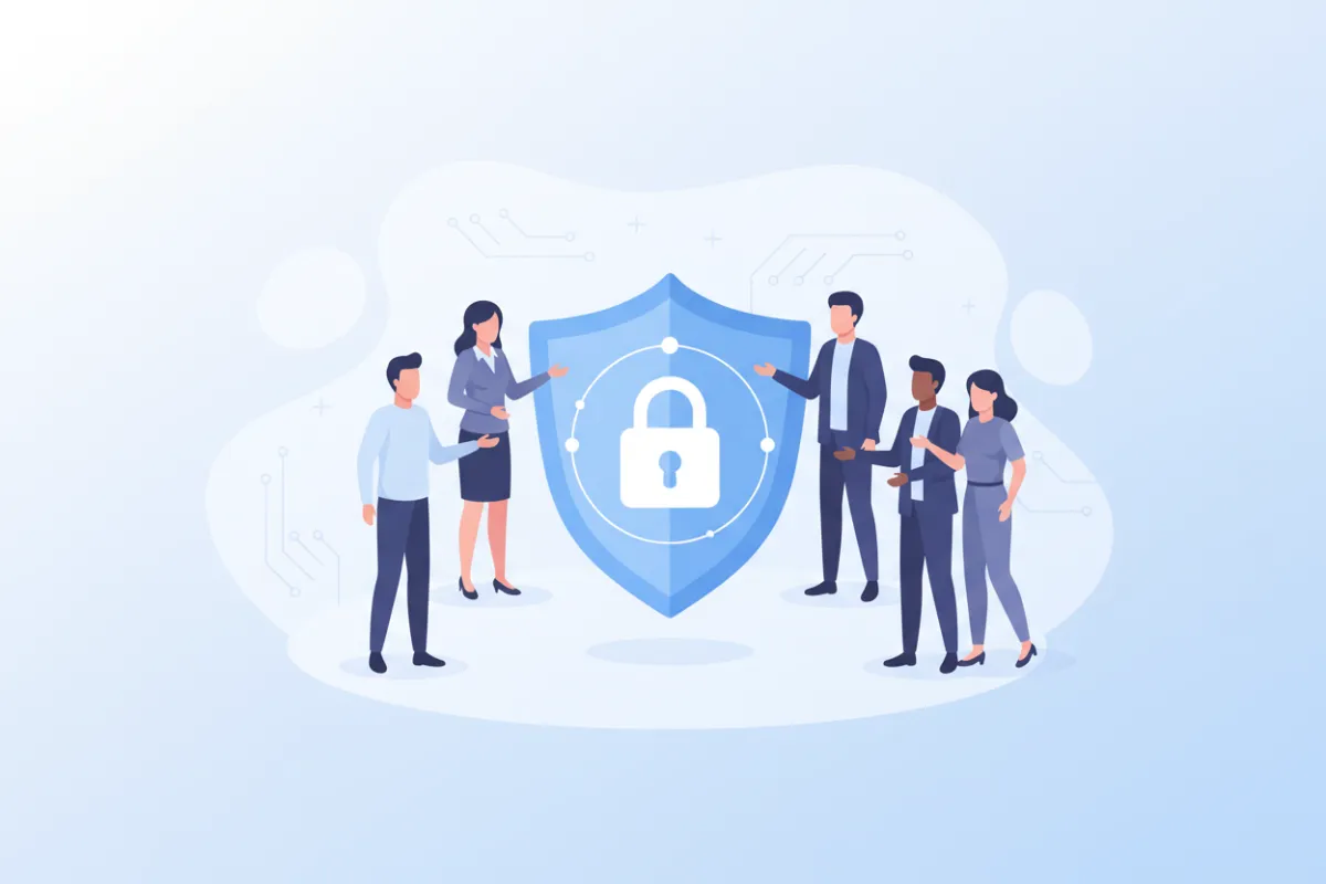 A flat illustration showing a diverse group of professionals standing around a large shield icon, symbolizing data protection.