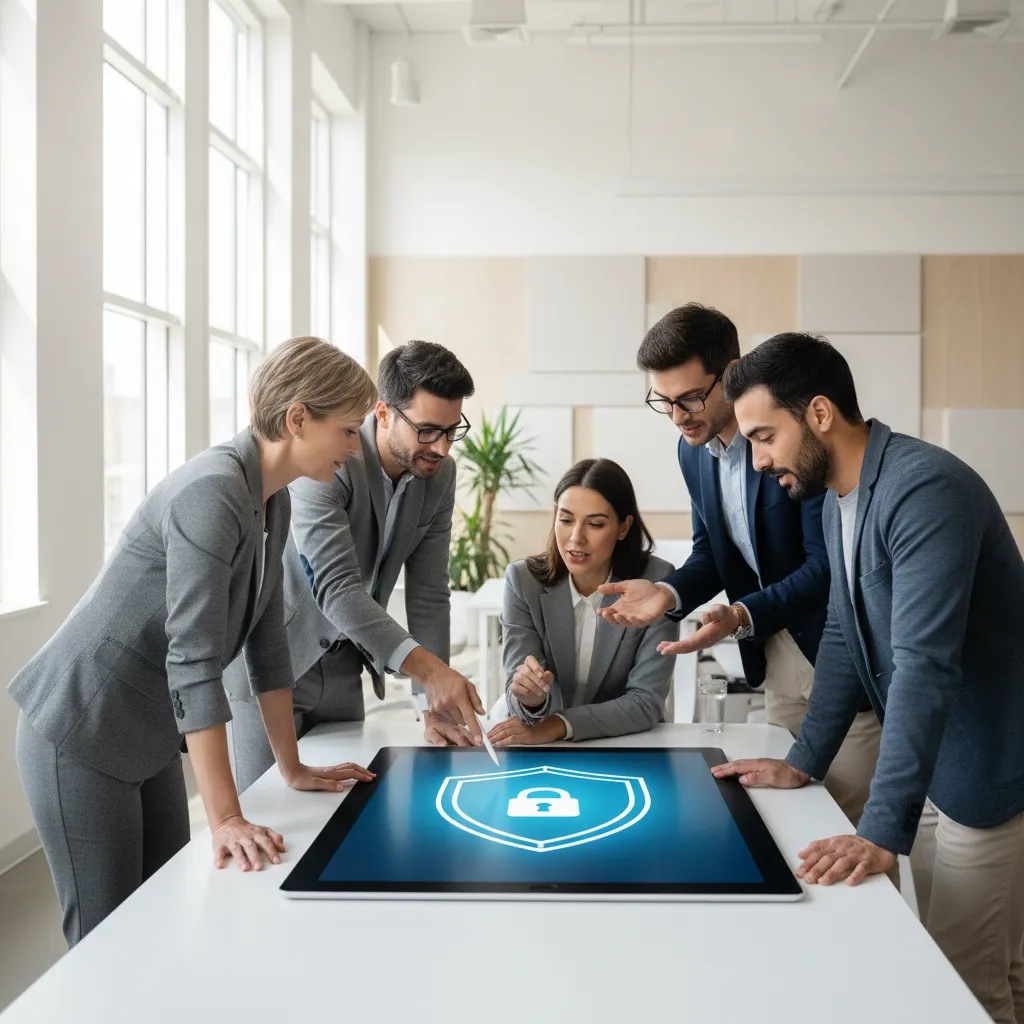 A diverse team in a modern office gathered around a tablet displaying a privacy icon.