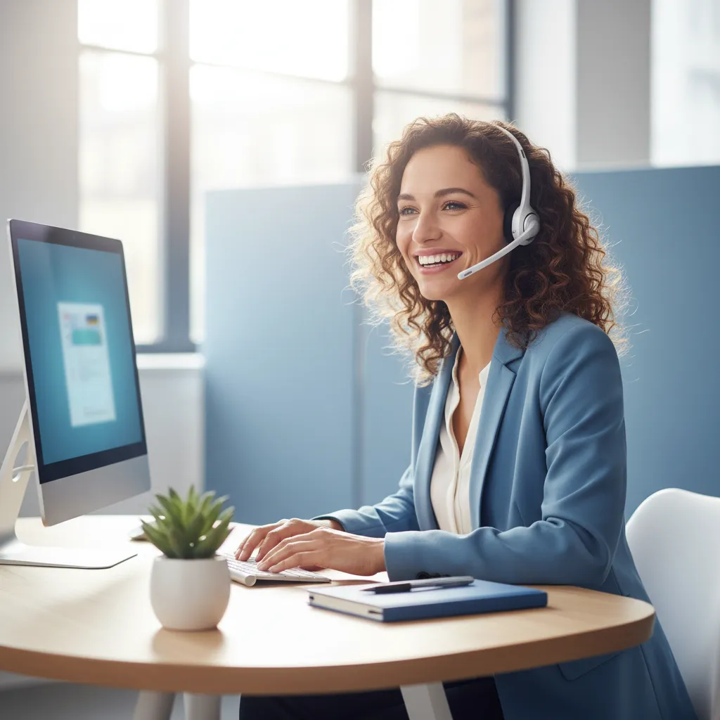 Friendly customer support agent at desk, smiling and ready to assist