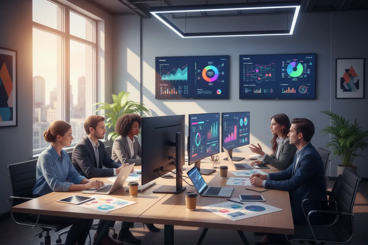 A diverse team of digital marketers collaborating over analytics dashboards and campaign plans in a modern office, with screens displaying SEO graphs and ad performance metrics.