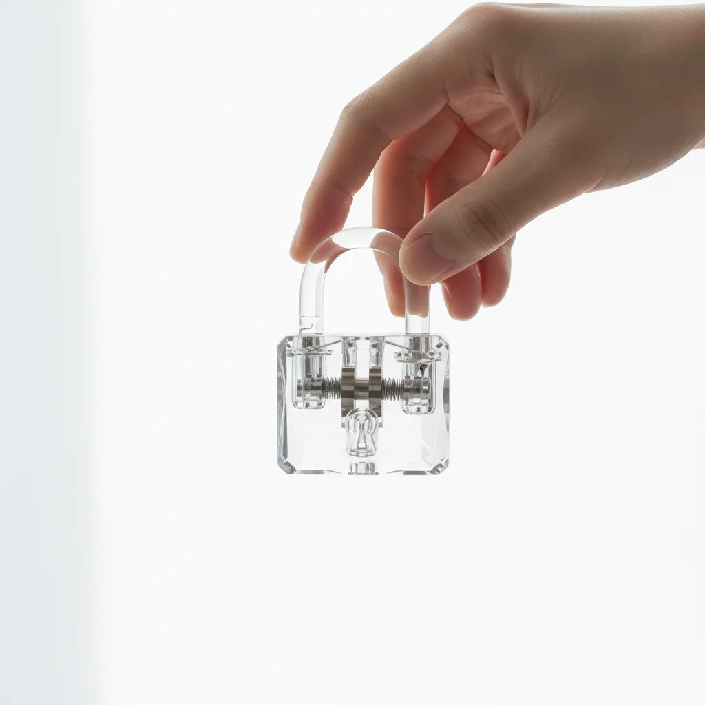A minimalist photo of a hand holding a transparent lock, symbolizing security and openness.