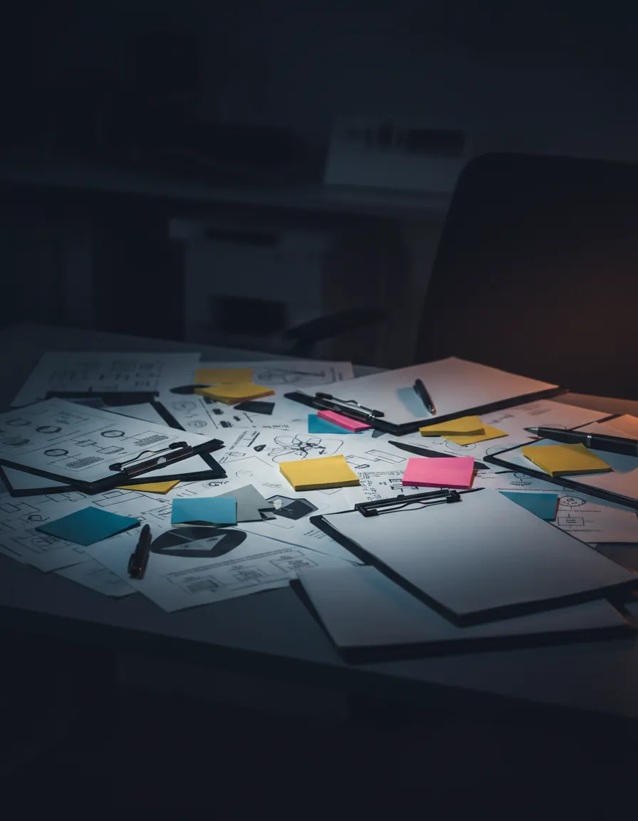 Chaotic scattered maintenance notes and paper work orders on a property manager's desk