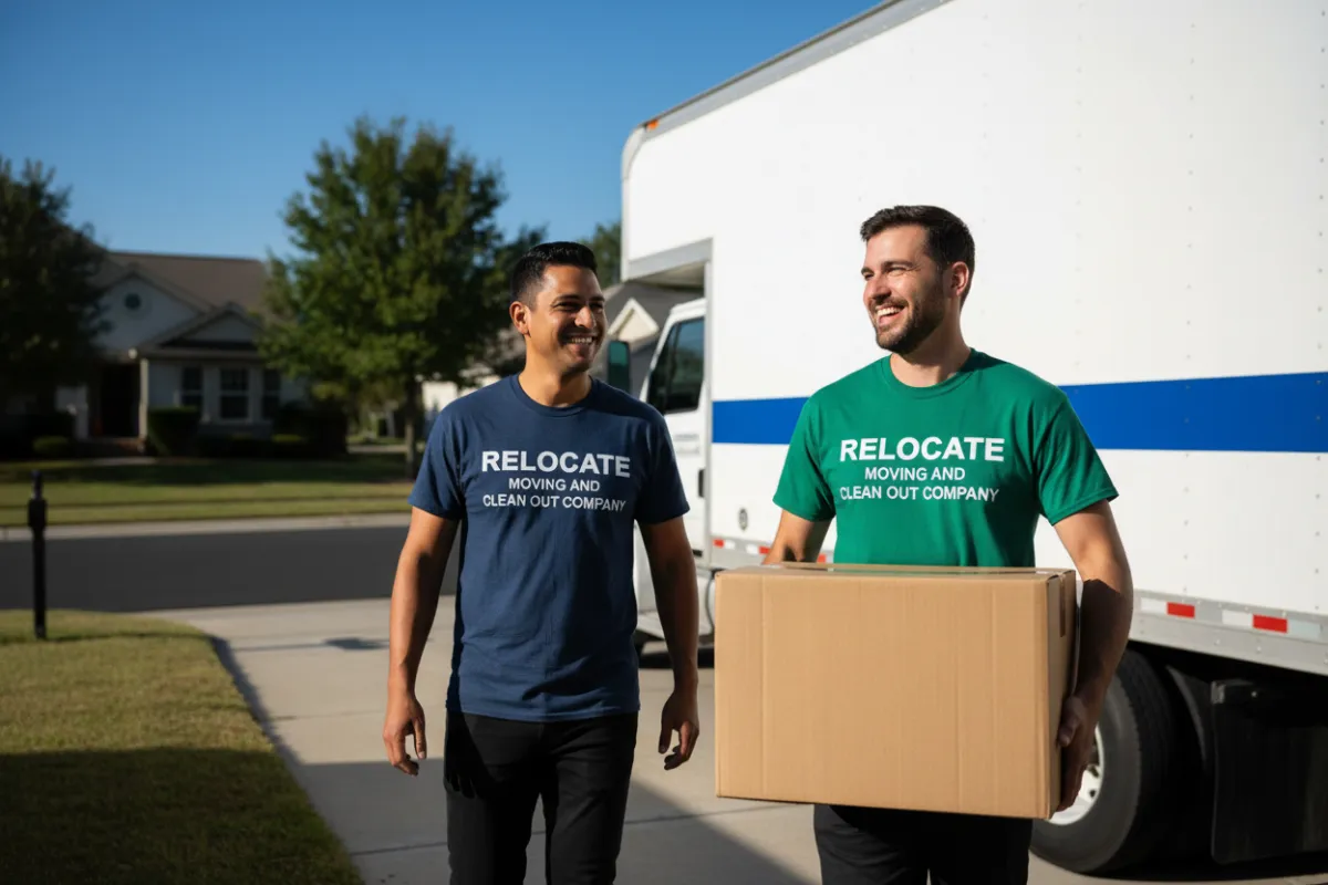 Two local movers wearing t-shirts that read 'Relocate Moving and Clean Out Company' while loading boxes into a truck