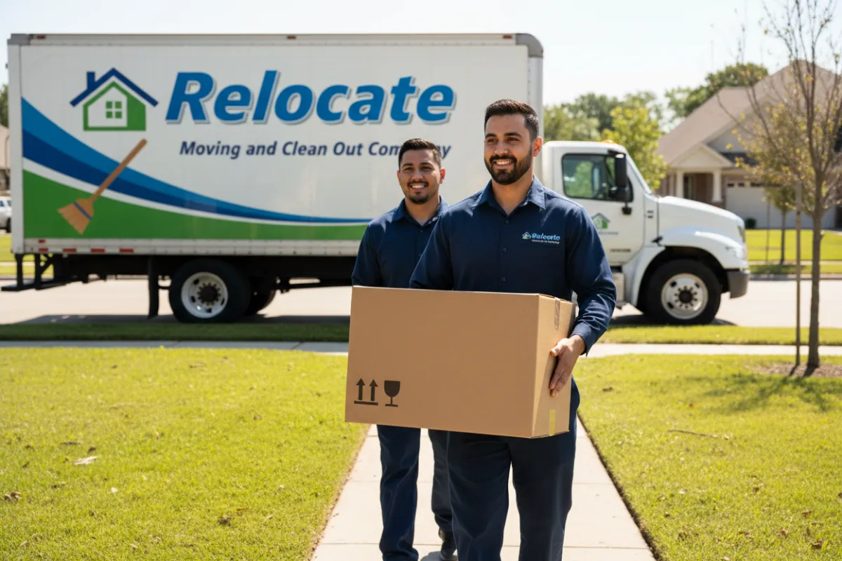 Two people carrying a package with a truck in the background featuring Relocate Moving and Clean Out Company branding