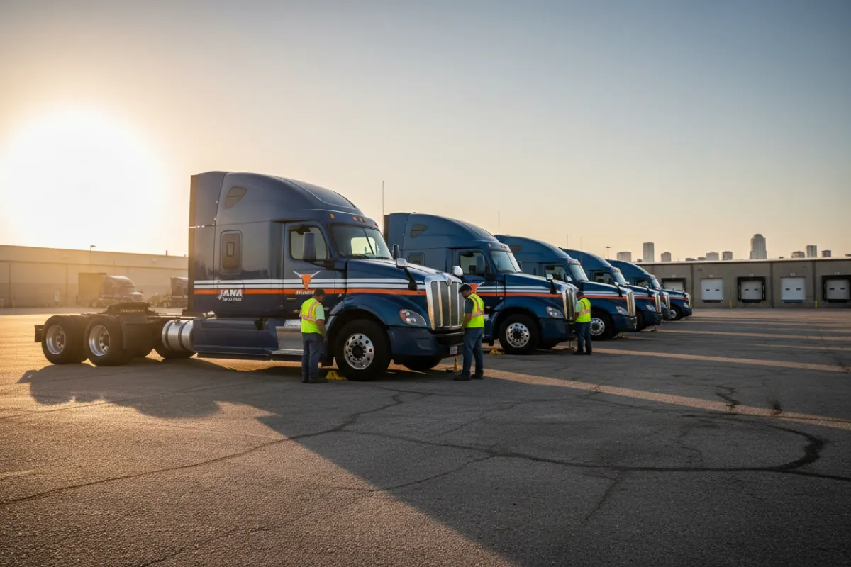 Five modern heavy-duty Jana Trucking tractors lined at a San Antonio depot at sunrise, drivers conducting pre-trip inspections, warm natural lighting, photorealistic composition showing fleet scale, visible safety markings and company branding, conveys readiness and operational professionalism.