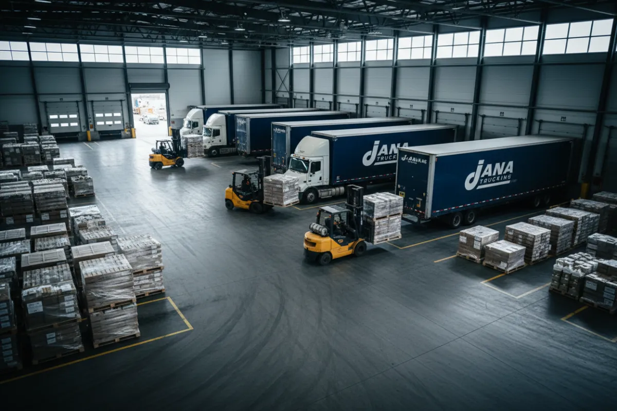 A wide-angle, photorealistic view of a modern warehouse loading dock with parked Jana Trucking trailers, forklifts, and organized pallets.