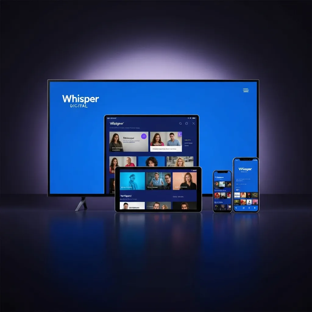 Whisper Digital IPTV interface running seamlessly across a Smart TV, tablet, and smartphone with a glowing neon accent.