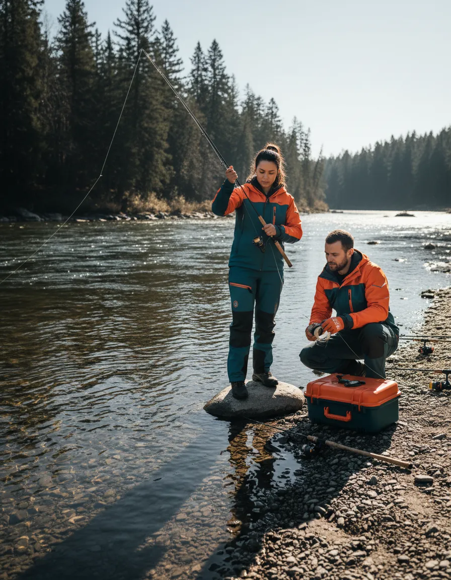 Startup team field testing Better Threader fishing gear by the water