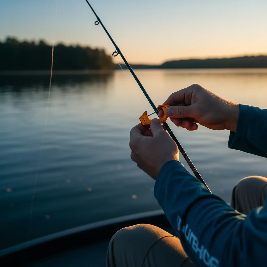 Angler smoothly prepping fishing gear outdoors