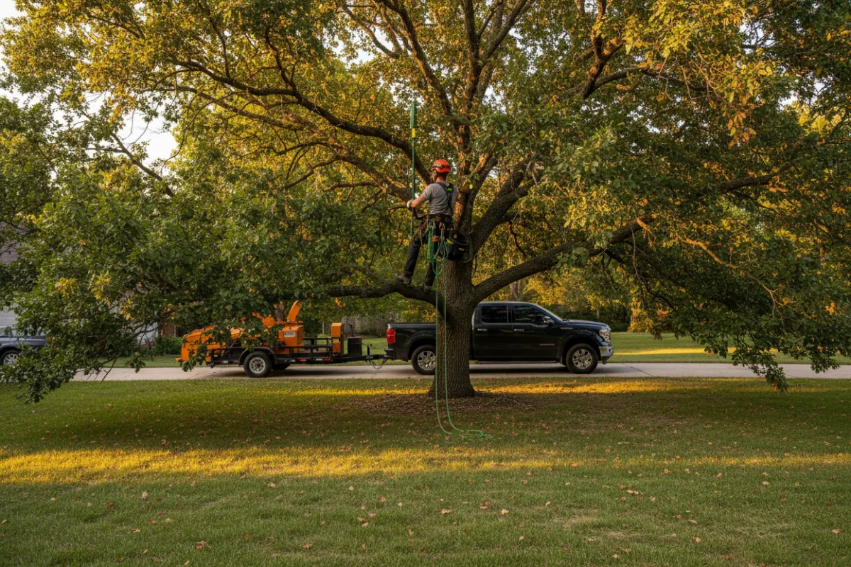Arborist pruning tree branches safely