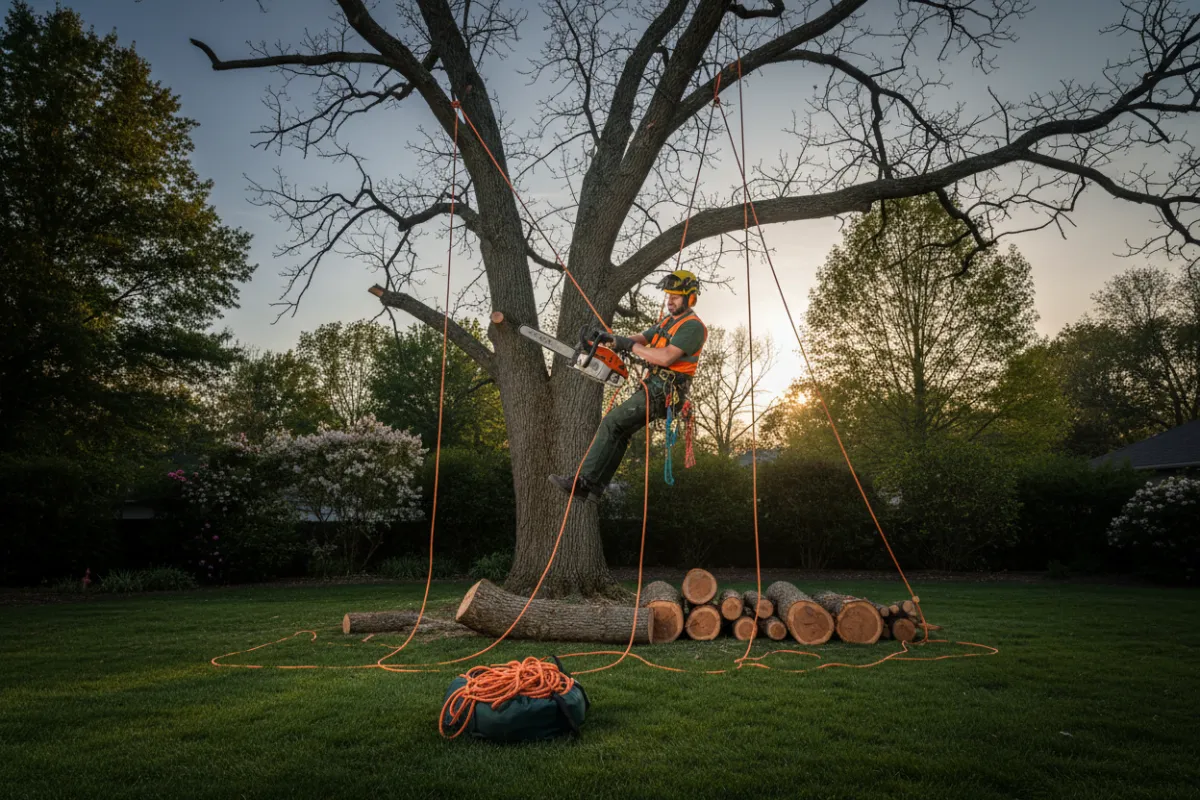 Arborist performing hazardous tree removal
