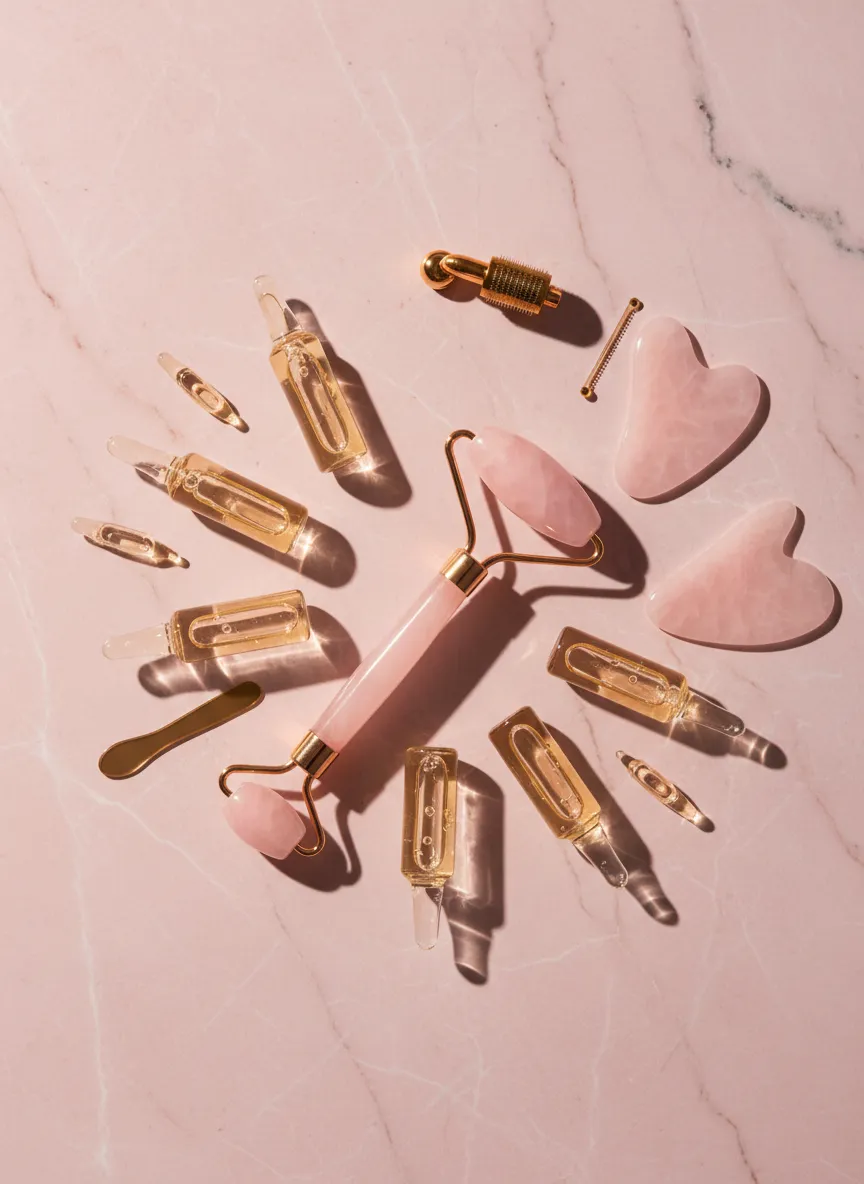 Elegantes productos de cuidado facial y herramientas de estética en un entorno sereno