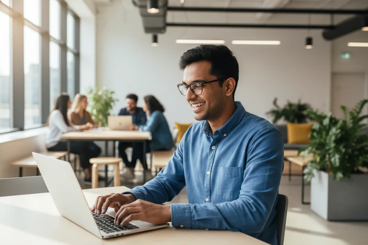 A young man of South Asian descent, wearing glasses and a blue shirt, sits at a laptop in a modern co-working space, smiling as he types an email. The background shows other students collaborating. 3:2 aspect ratio.