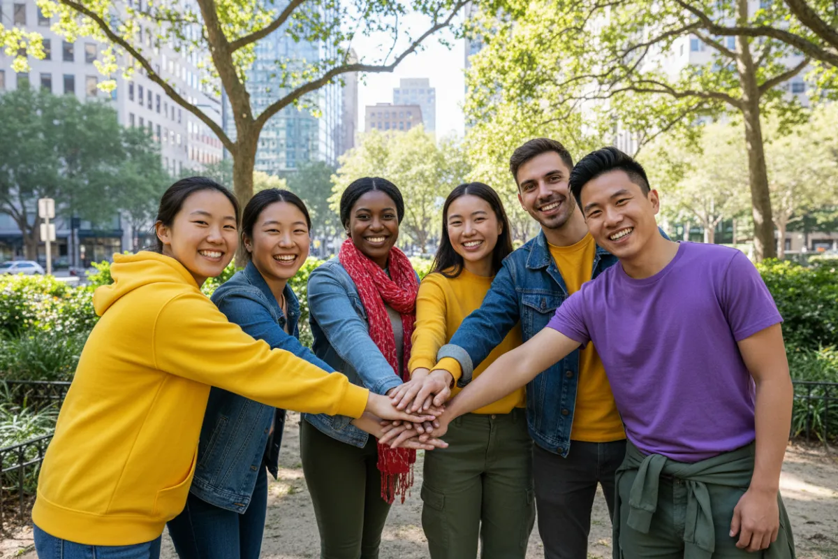 A diverse group of young adults, including international graduate students, smiling and stacking hands in a sunlit urban park, symbolizing unity and community action. The background features city buildings and greenery, with everyone wearing casual, colorful clothing. 3:2 aspect ratio.