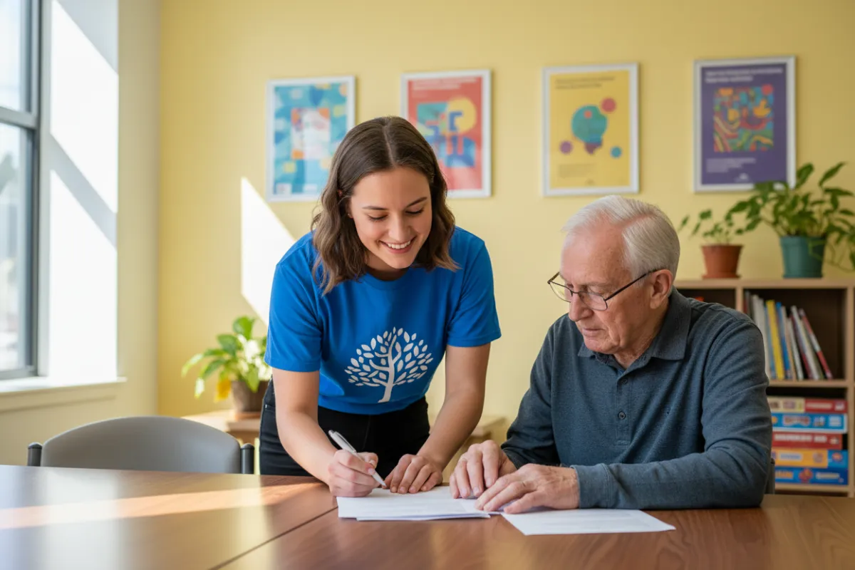 A candid photo of a young woman in her twenties, wearing a volunteer t-shirt, helping an elderly man with paperwork at a community center. The setting is bright and welcoming, with posters about community events on the wall. 3:2 aspect ratio.