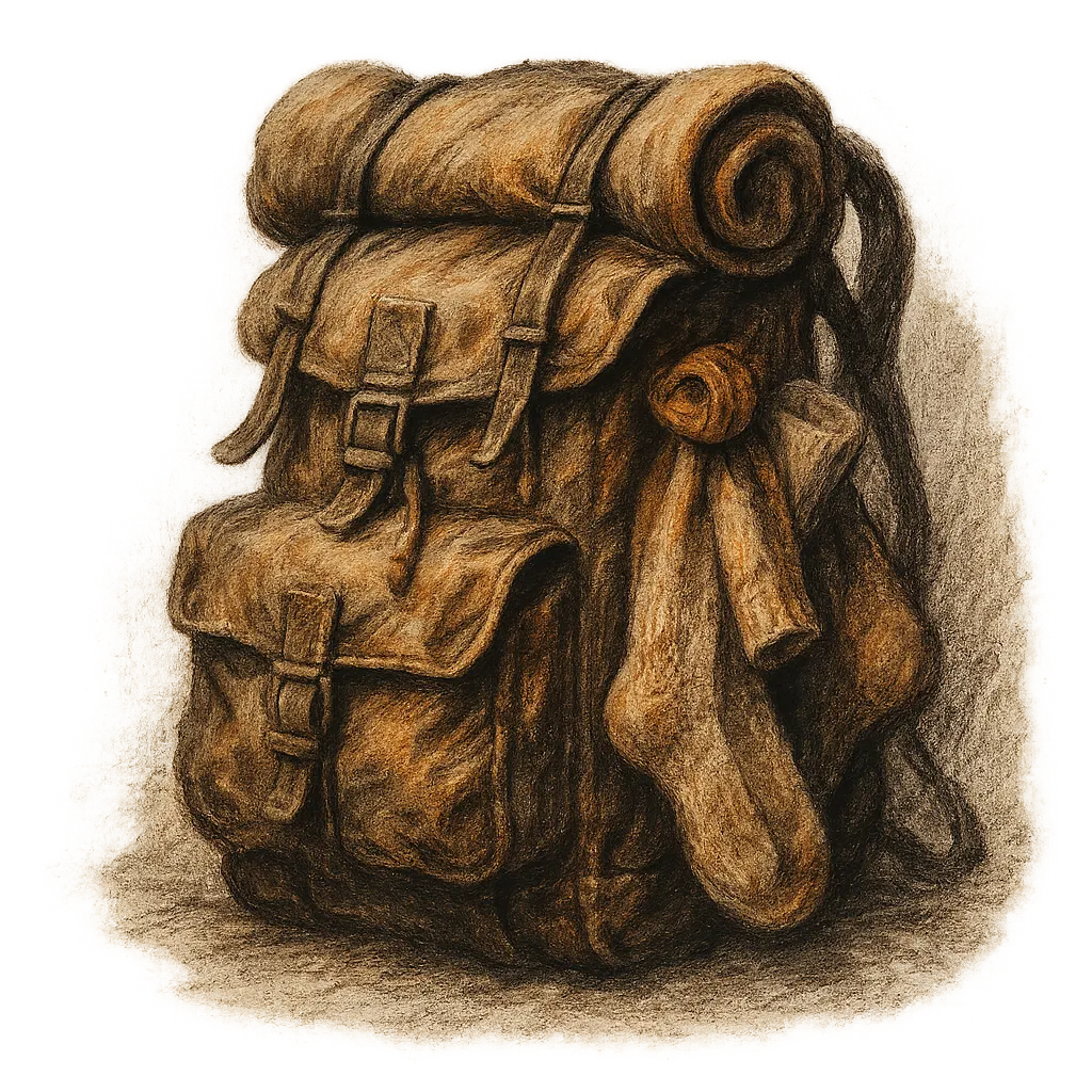 Charcoal-style illustration of a survival backpack