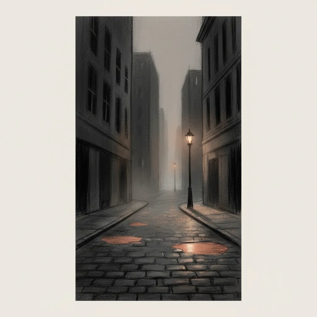 Hand-drawn illustration of a cold, shadowed city street at dusk