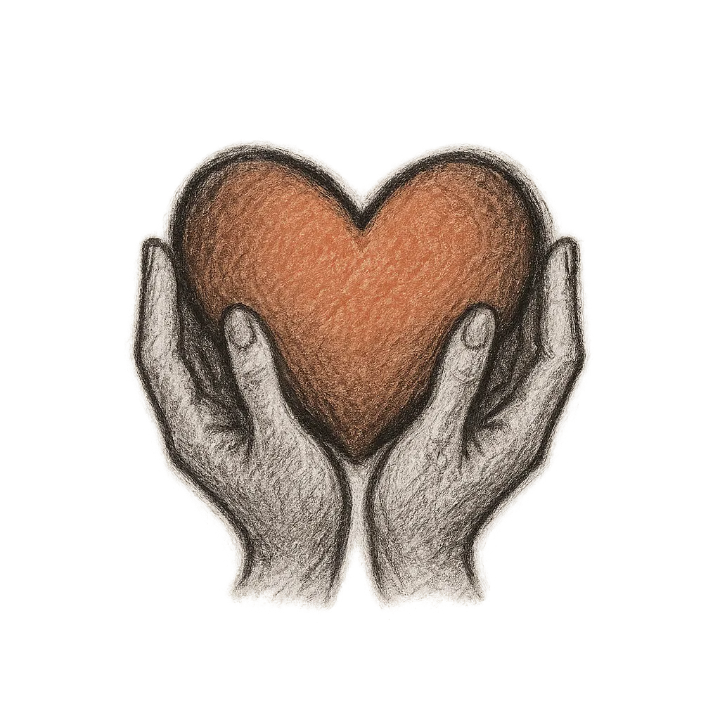 Hand-drawn spot illustration of a heart and hands showing trust and compassion