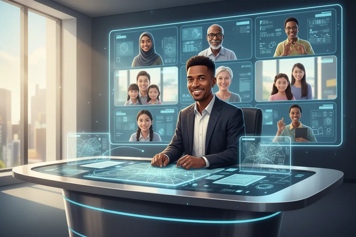 Councilman Xavier Johnson at a digital desk, smiling, with city map and civic documents, modern office, diverse residents visible on video call screens, bright and welcoming, 3:2 aspect
