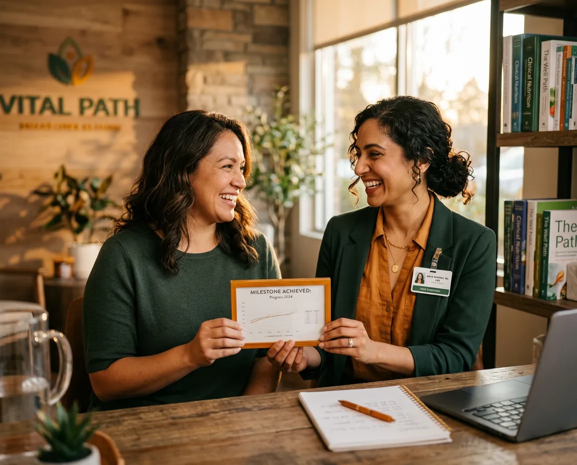 Patient and clinical dietitian celebrating personalized health milestones and sustainable vitality