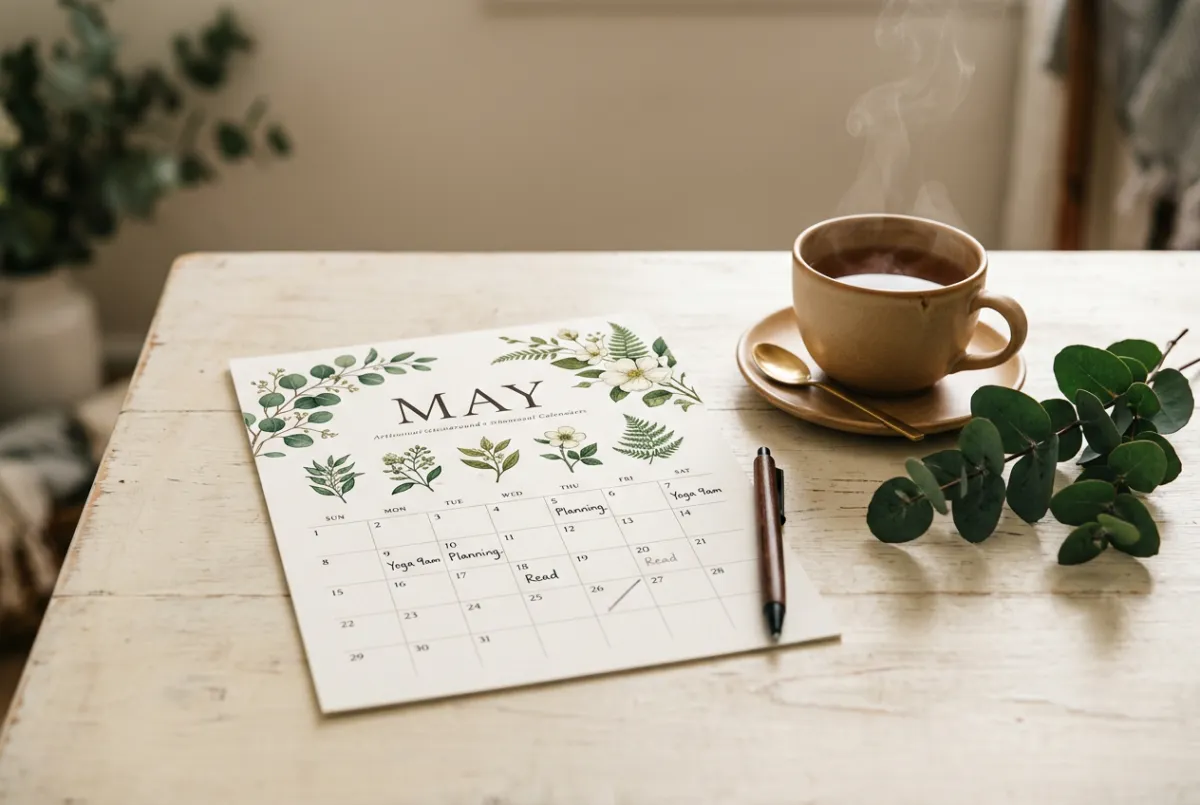 Calm space with botanical scheduling calendar and tea cup