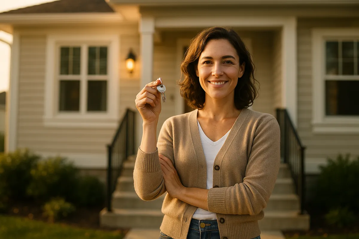 Confident homeowner holding keys on front steps of new suburban house at golden hour
