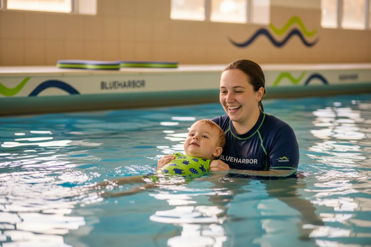 Confident female swim instructor portrait on a blue hero background