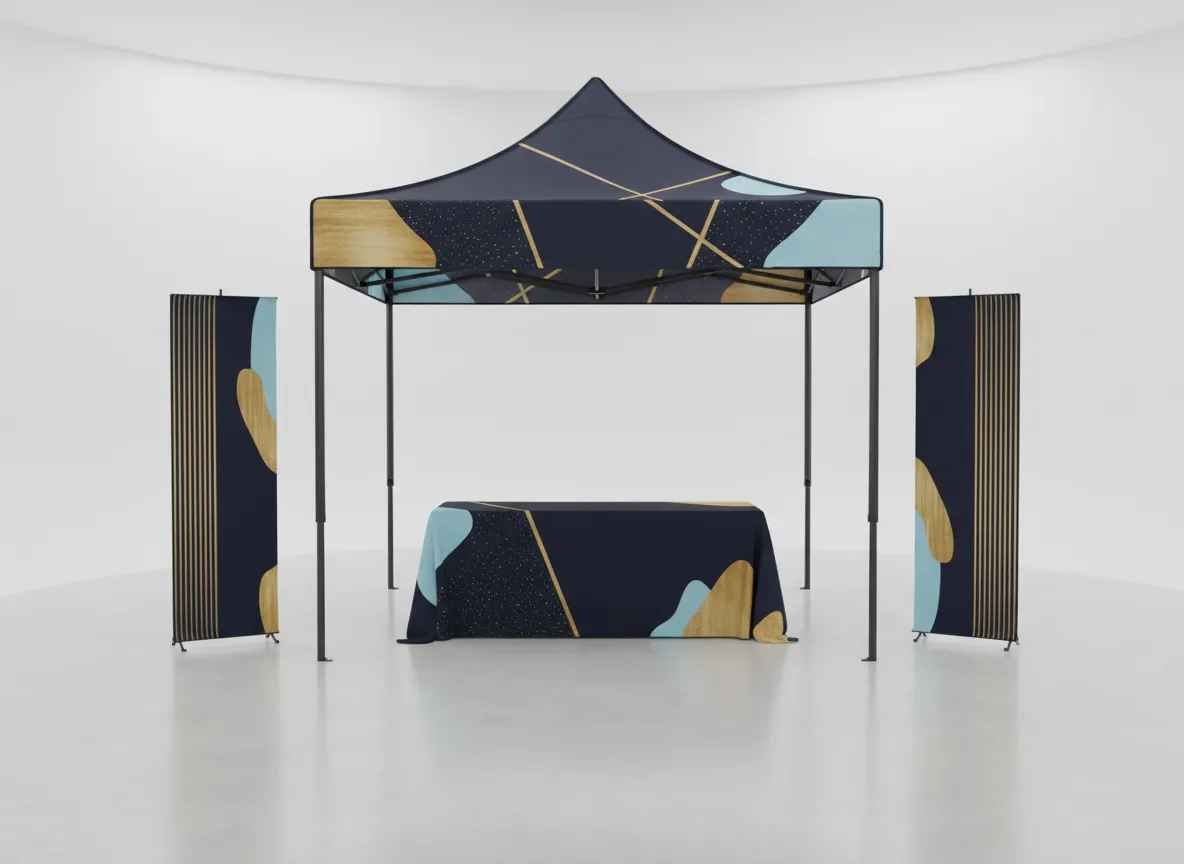 Ofiso Solutions custom printing mockup with canopy, table cover, and banners