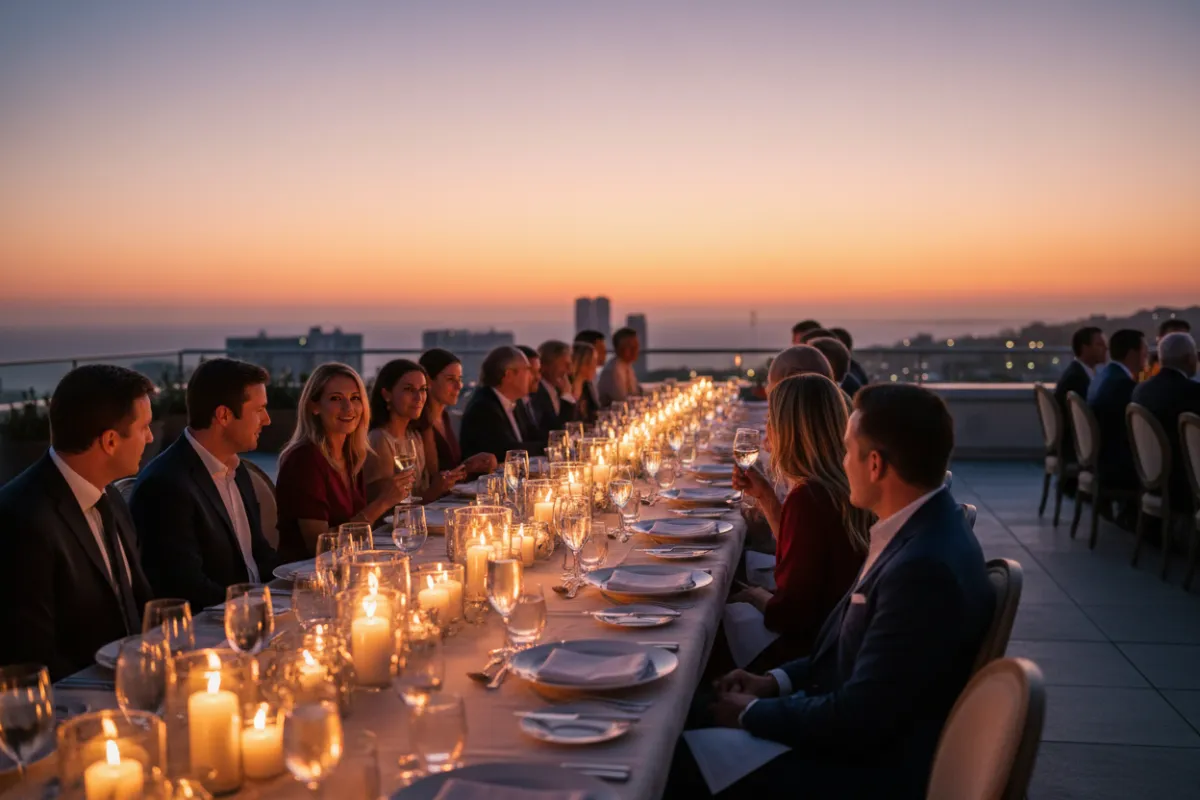 Outdoor incentive event dinner with sunset view