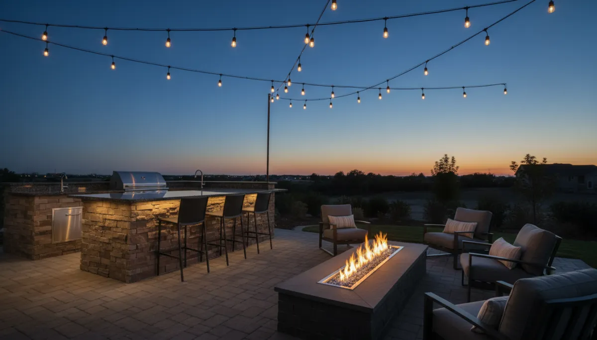 Outdoor kitchen and fire feature with seating