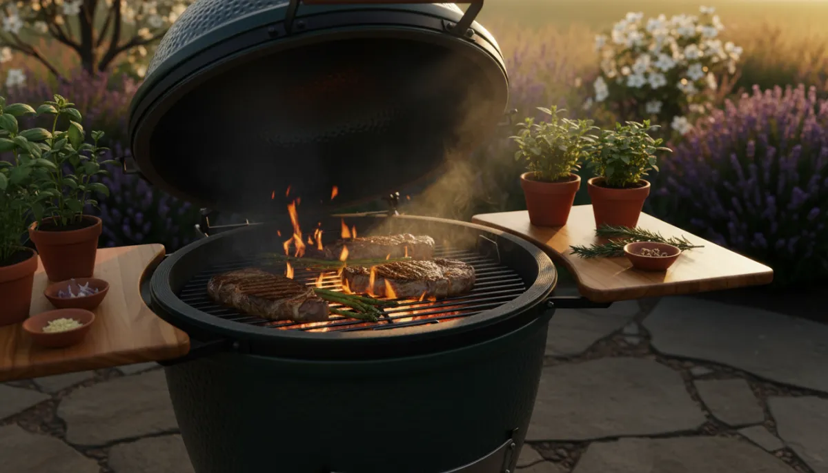 Big Green Egg grill on patio with food