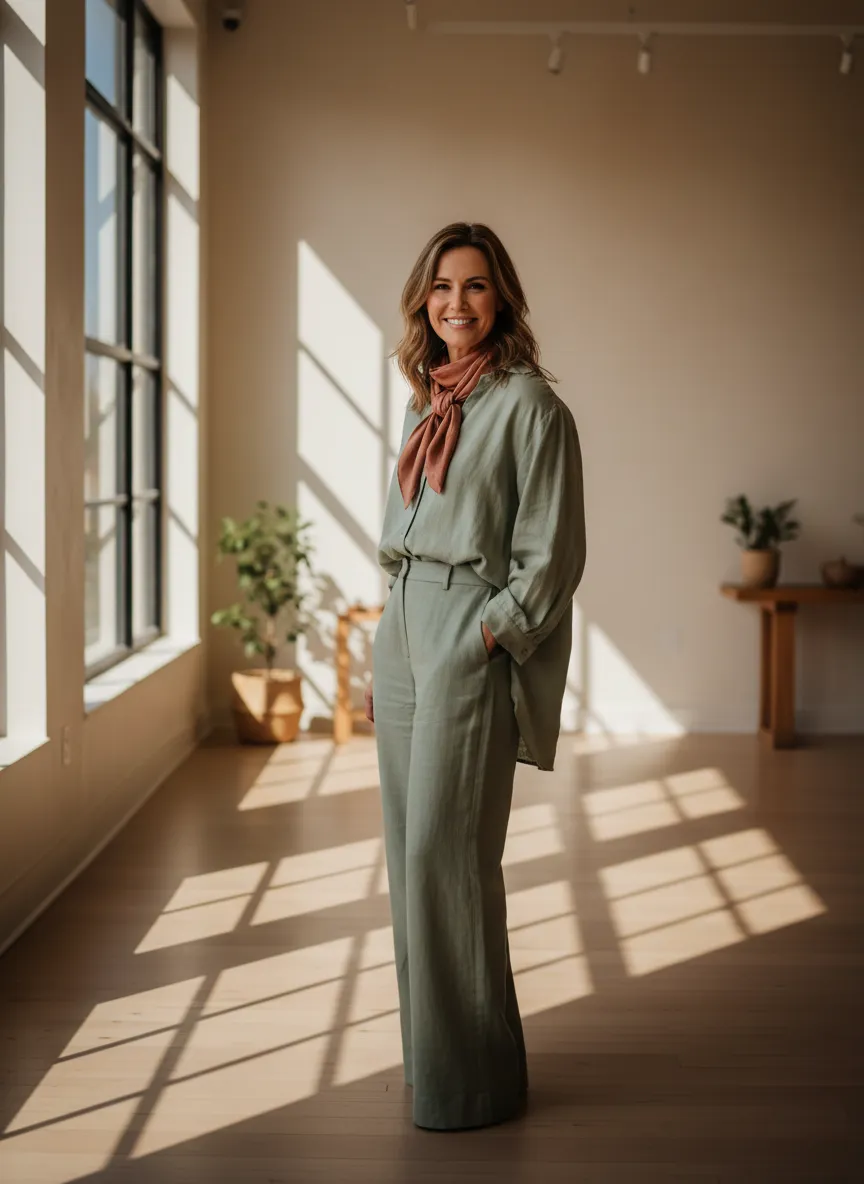 Woman smiling confidently in a boutique wellness studio, illuminated by natural light