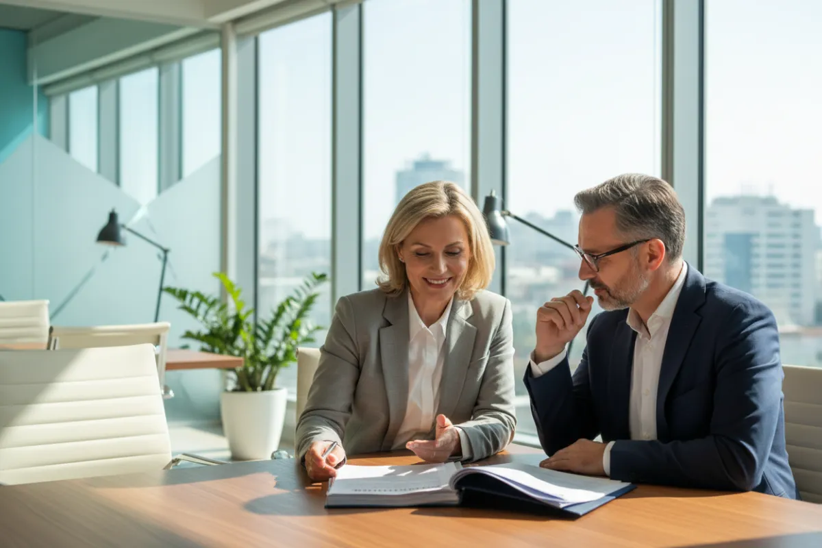 A confident, middle-aged woman and man, both professionally dressed, sit at a sunlit table reviewing insurance documents together. The background is a bright, modern office with large windows and subtle aqua accents. The scene conveys trust, expertise, and a welcoming atmosphere.