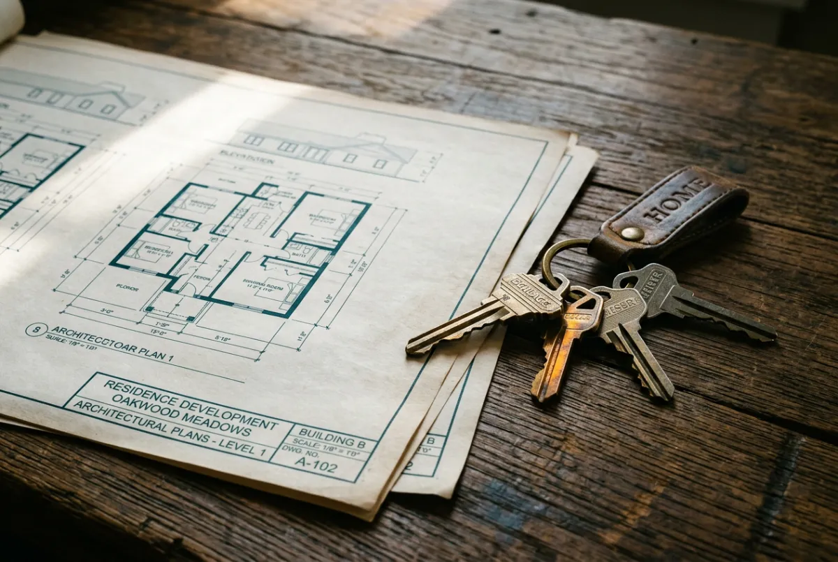 Architectural blueprints and property keys representing real estate investment equity