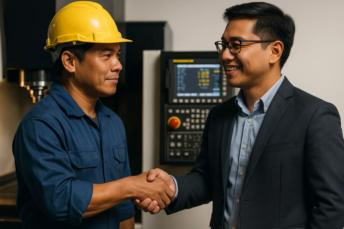 Close-up of a manufacturer and automation engineer shaking hands beside a CNC machine, photorealistic style emphasizing partnership and trust.
