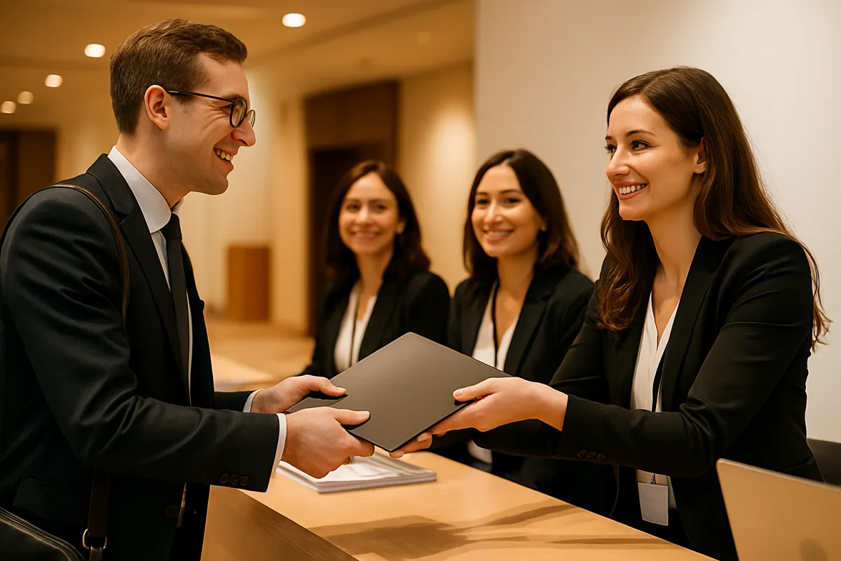 Sponsor onboarding at a conference registration desk with staff handing a sponsorship packet to a professional.