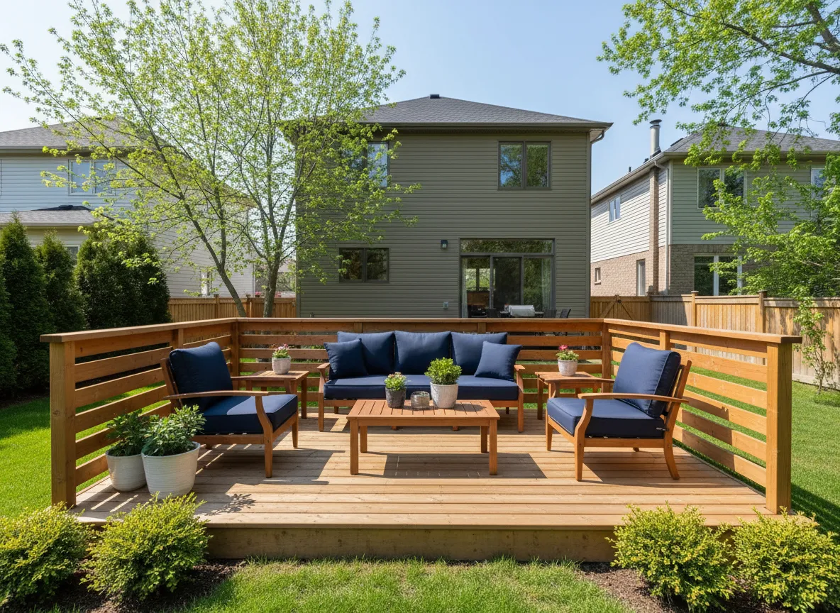 Elevated backyard deck with stairs and railings in Greater Toronto Area