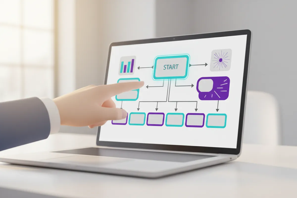 Illustration of an operations dashboard on a laptop screen with a hand interacting, modular blocks representing steps, bold cyan and purple accents, clean flat-illustration style, warm ambient lighting