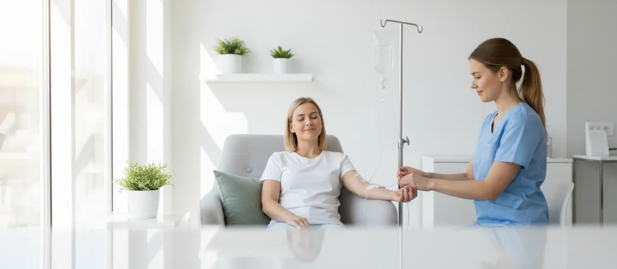 Paciente relajado y feliz recibiendo tratamiento médico en un entorno clínico luminoso y tranquilo