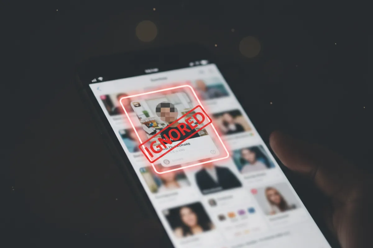 Phone screen showing a highlighted bad dating profile being ignored.