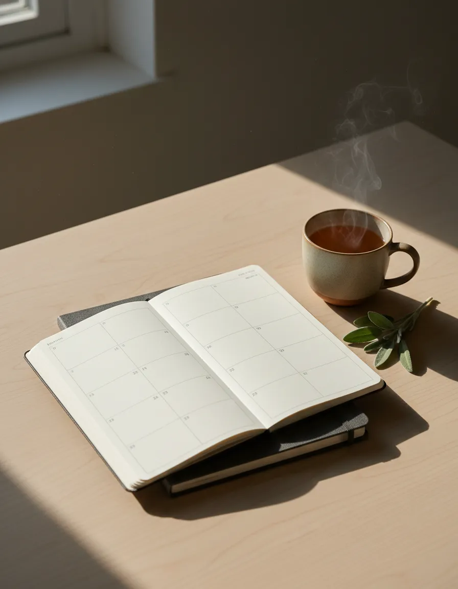 A minimal planner and notebook resting on a clean desk