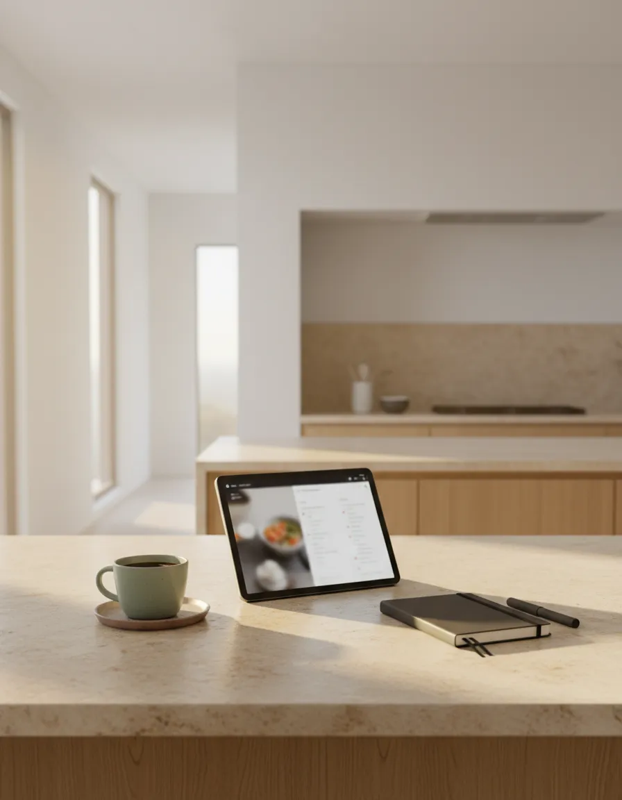 A clean, structured kitchen setup ready for a digital Thermomix demo