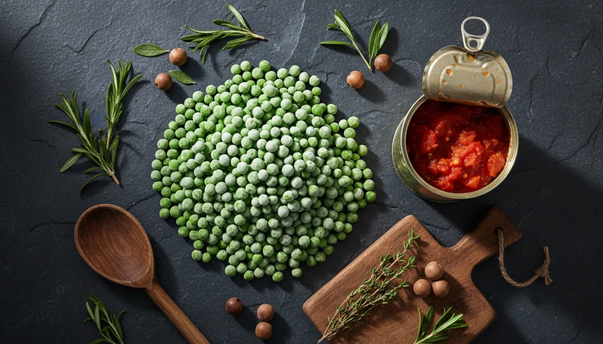 A beautiful display of premium canned and frozen ingredients in an heirloom kitchen setting