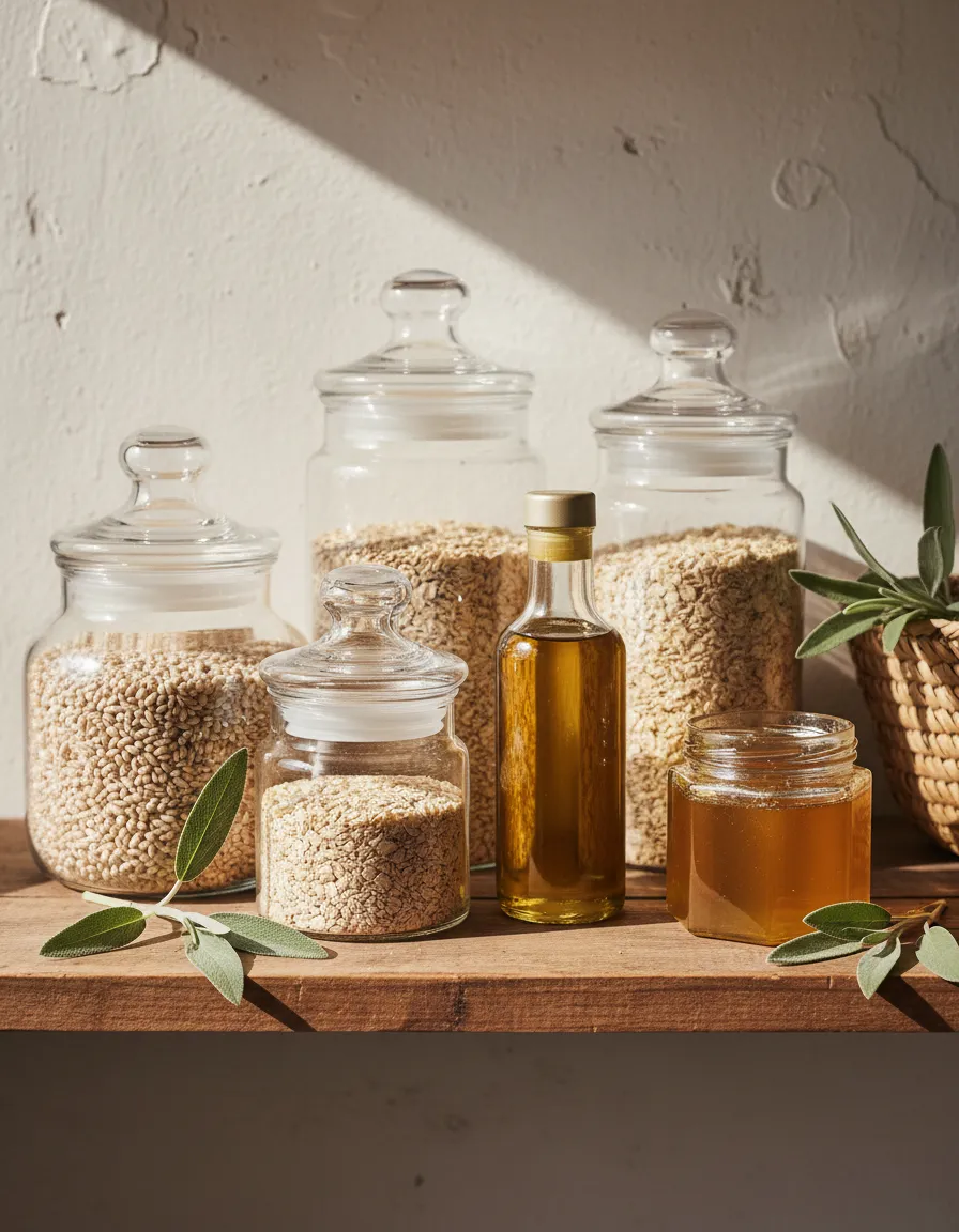 Clean pantry staples in simple glass jars.