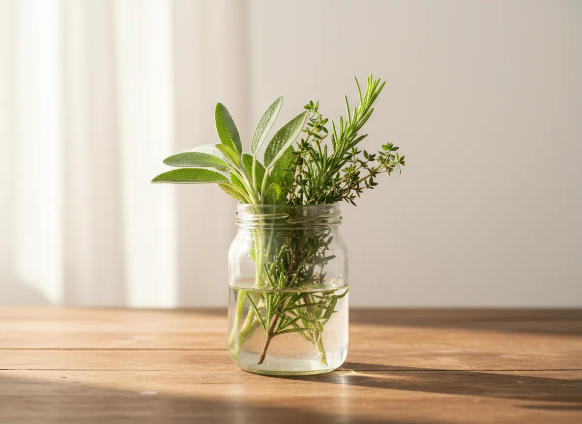 Herbs in a jar of water