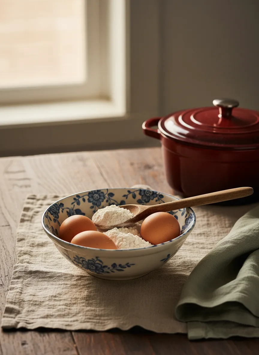 Vintage bowl of farm-fresh ingredients on a linen cloth