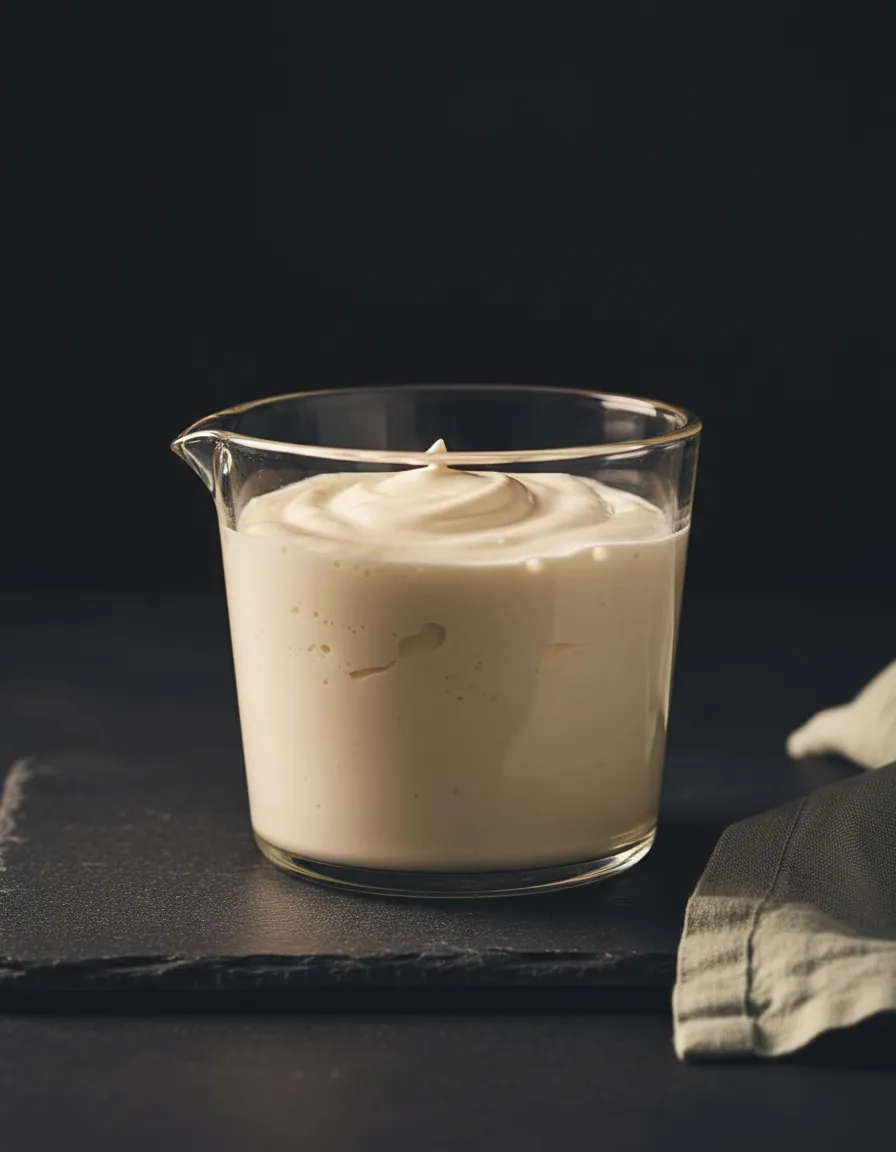 Muted image of standard dairy ingredients like heavy cream and mayo